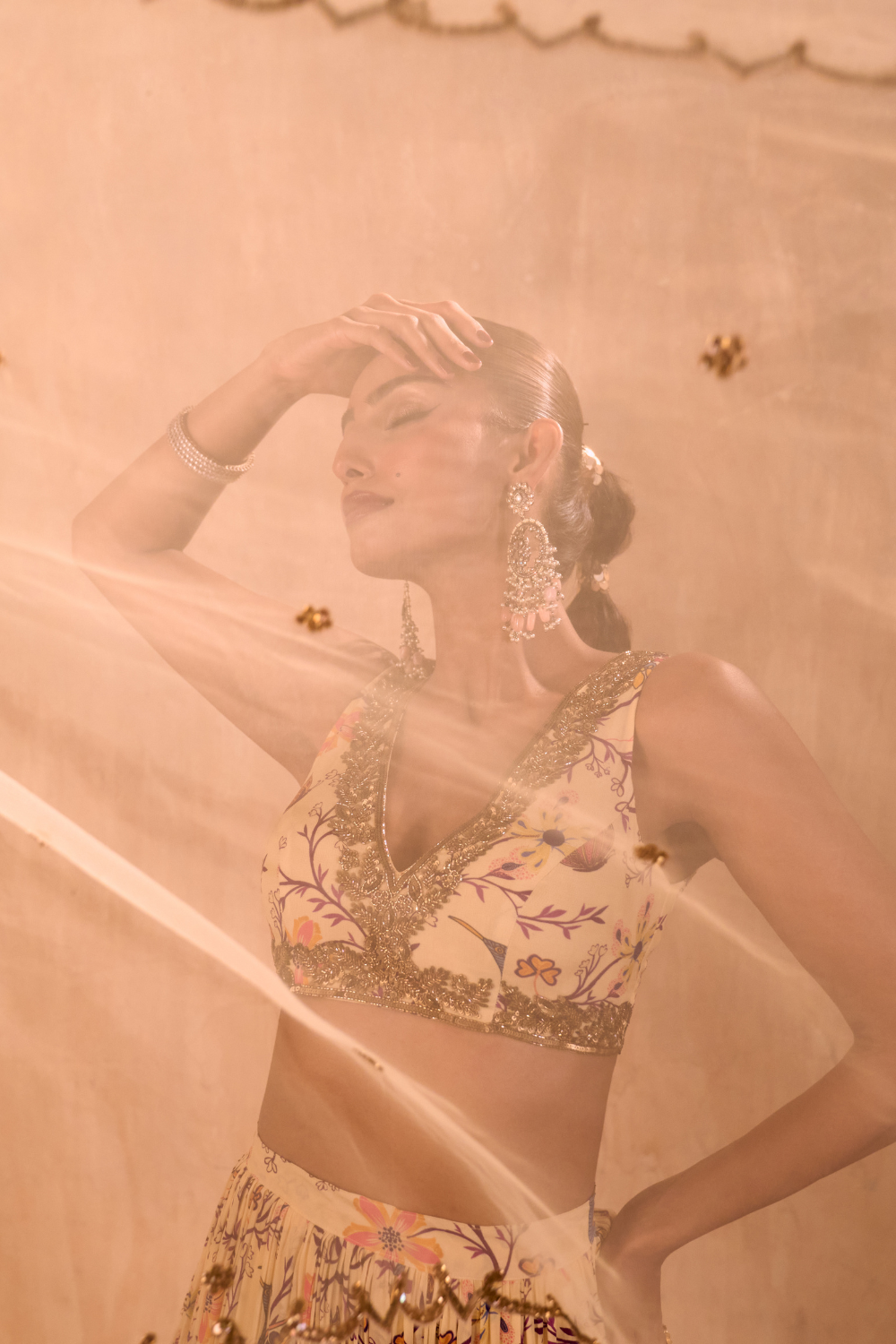 IVORY PRINT EMBROIDERED CHOLI, LAYERED LEHENGA AND DUPATTA SET