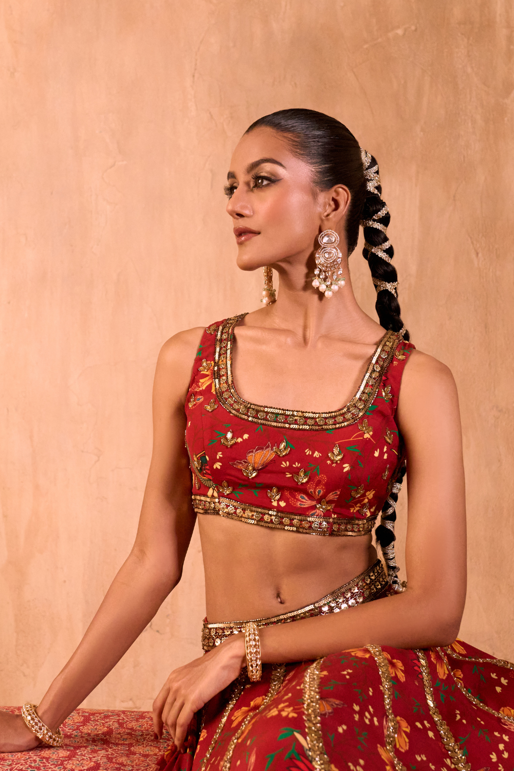 RED PRINT EMBROIDERED CHOLI, LEHENGA AND DUPATTA SET