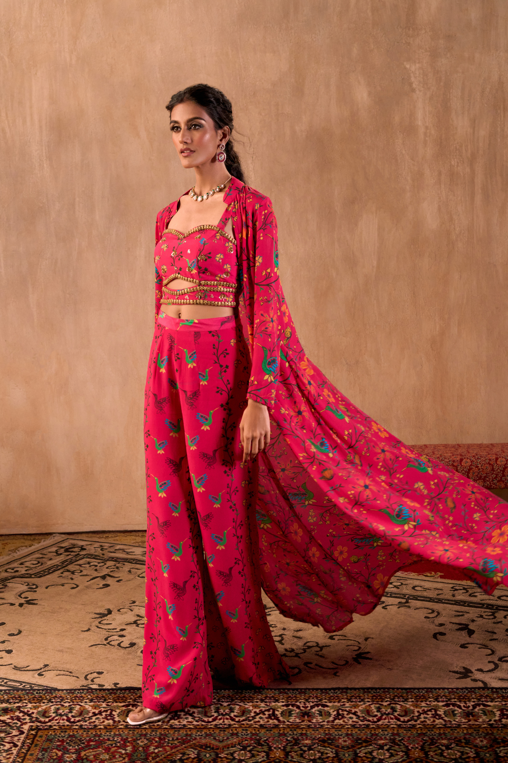 PINK PRINT EMBROIDERED CHOLI, PANTS AND JACKET SET