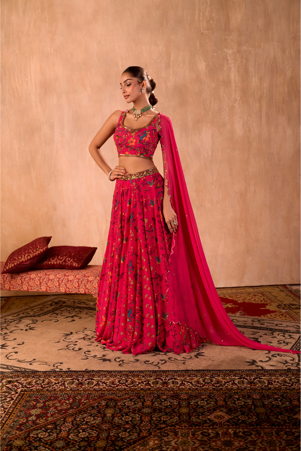PINK PRINT EMBROIDERED CHOLI, LEHENGA AND DUPATTA SET