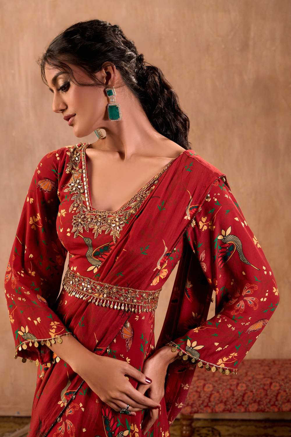 RED PRINT EMBROIDERED ANARKALI WITH DRAPE AND BELT SET
