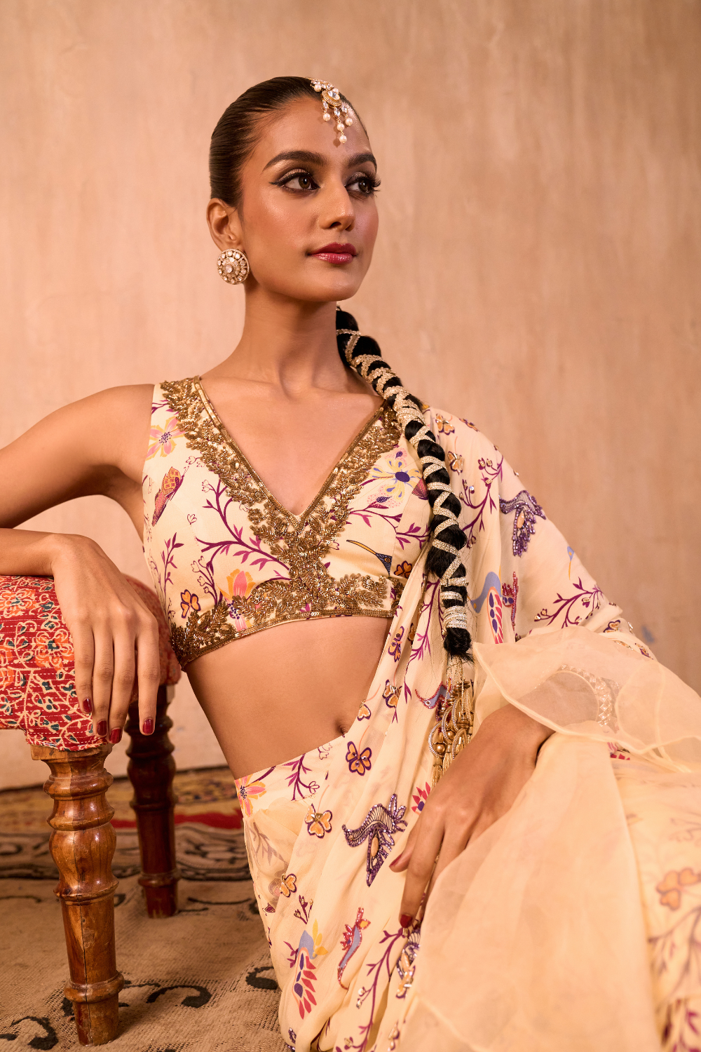 IVORY PRINT EMBROIDERED CHOLI WITH PRE DRAPED RUFFLE SARI SET