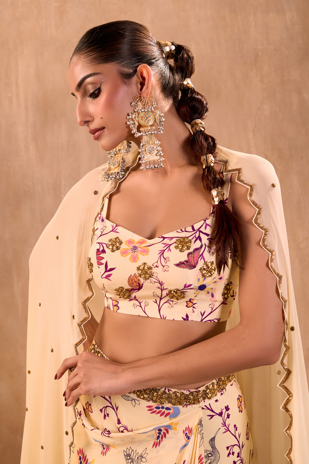 IVORY PRINT EMBROIDERED CHOLI, DRAPED SKIRT AND DUPATTA SET