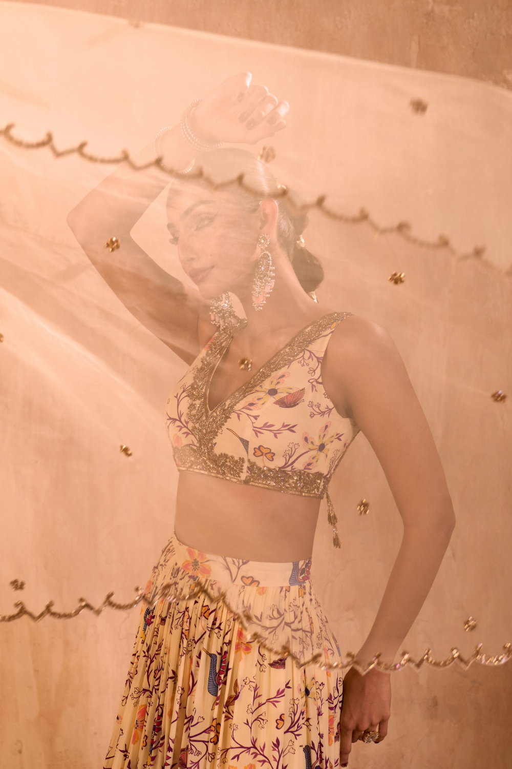 IVORY PRINT EMBROIDERED CHOLI, LAYERED LEHENGA AND DUPATTA SET