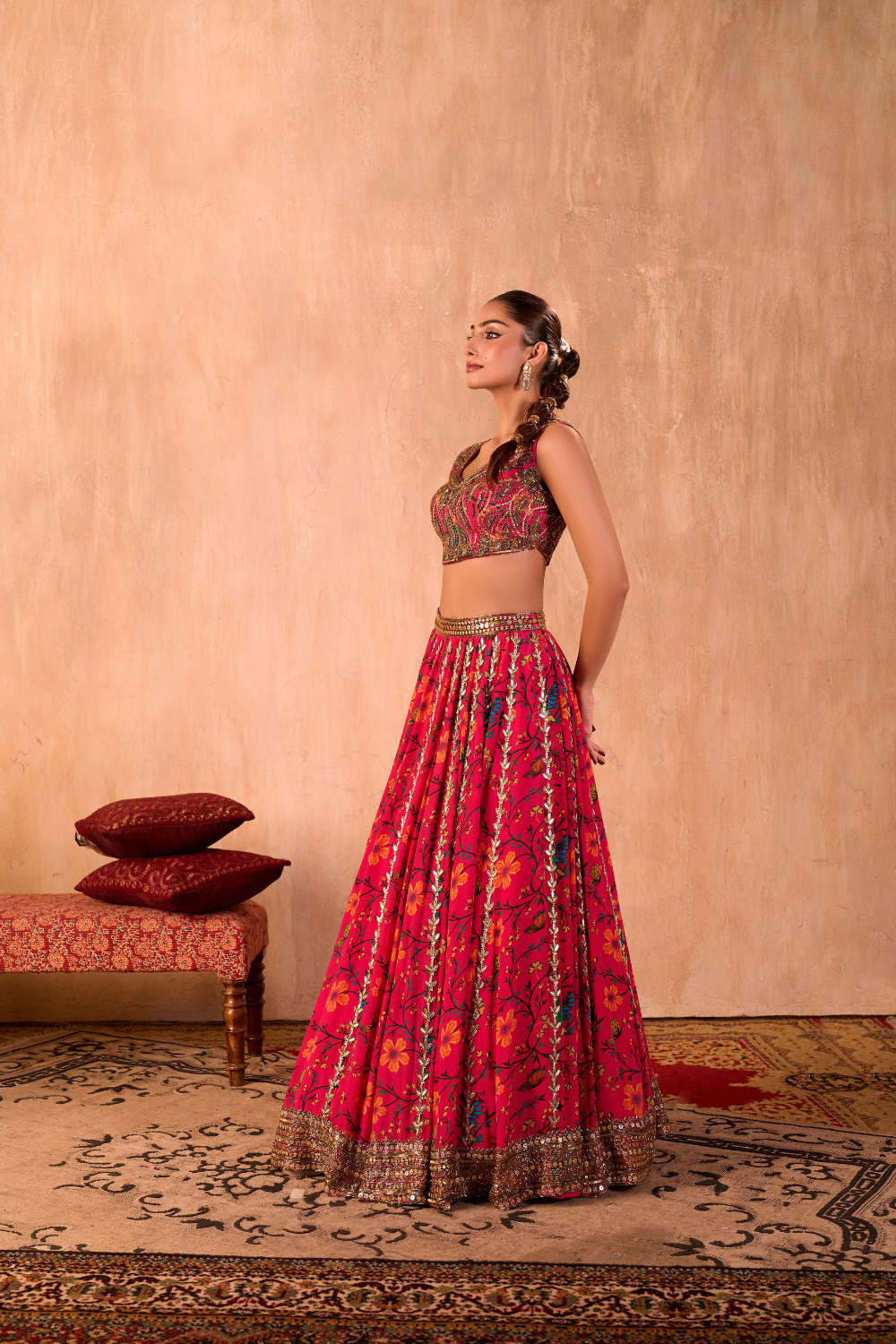 PINK PRINT EMBROIDERED CHOLI, LEHENGA AND DUPATTA SET