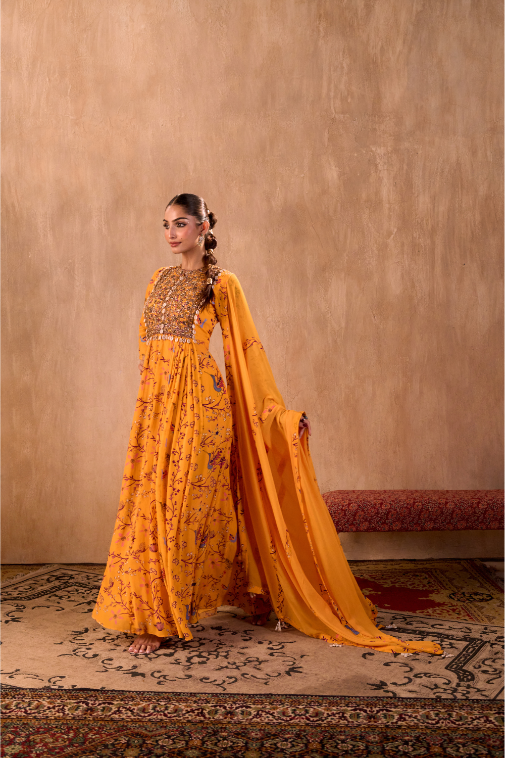 YELLOW PRINT EMBROIDERED ANARKALI AND DUPATTA SET