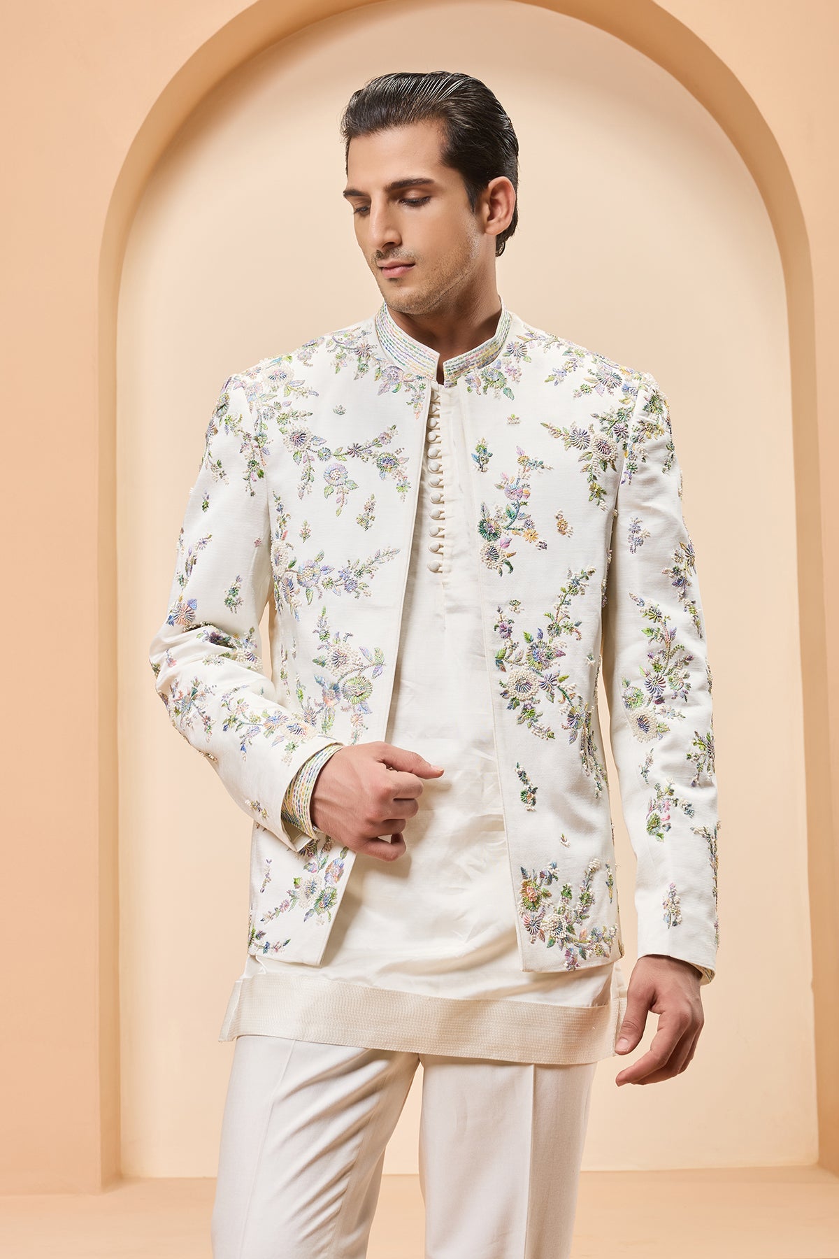 Ivory open bandhgala with thread , sequins & pearl work