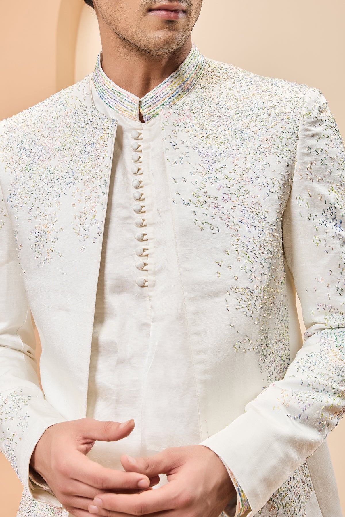 Ivory open bandhgala with thread , sequins & pearl work