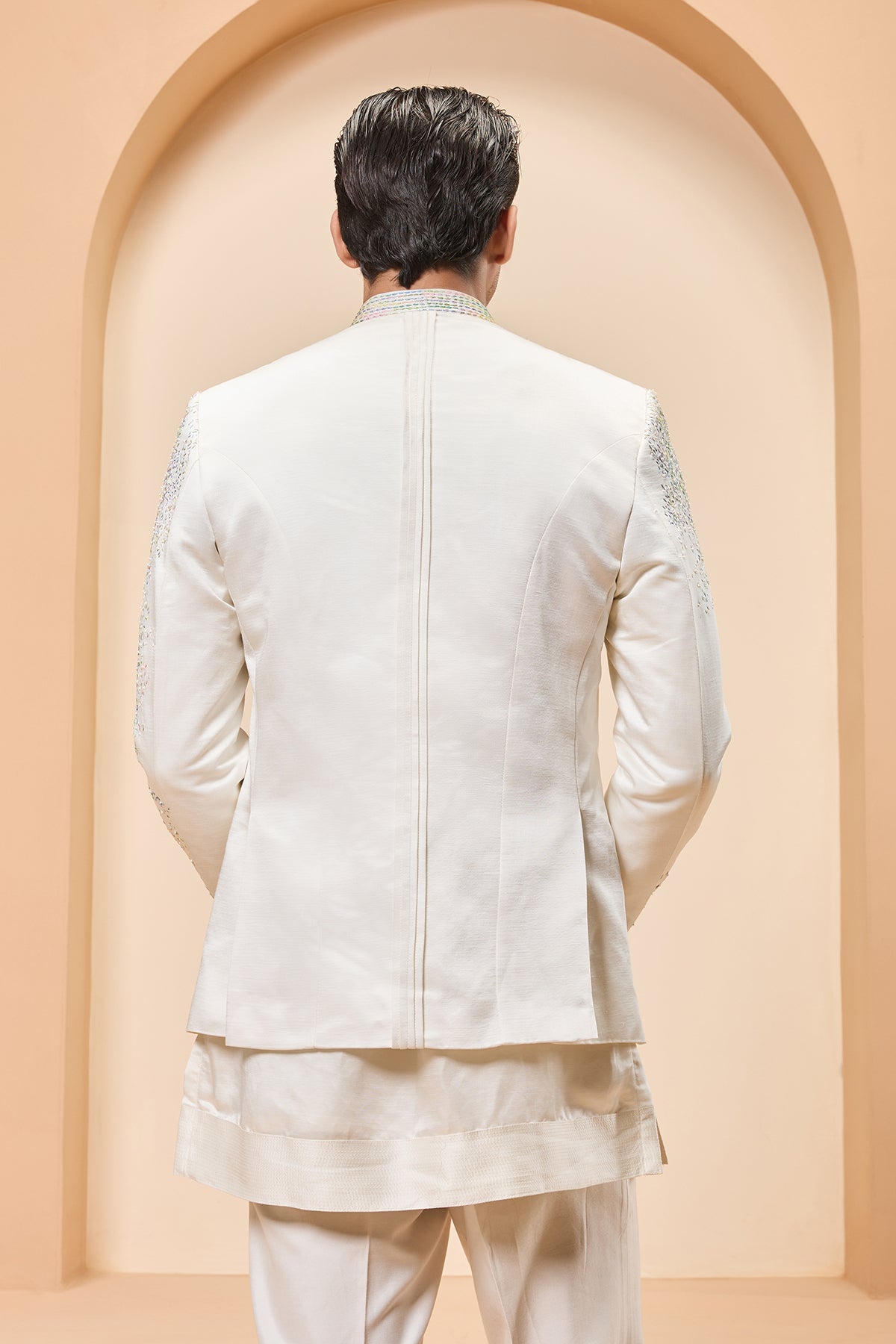 Ivory open bandhgala with thread , sequins & pearl work