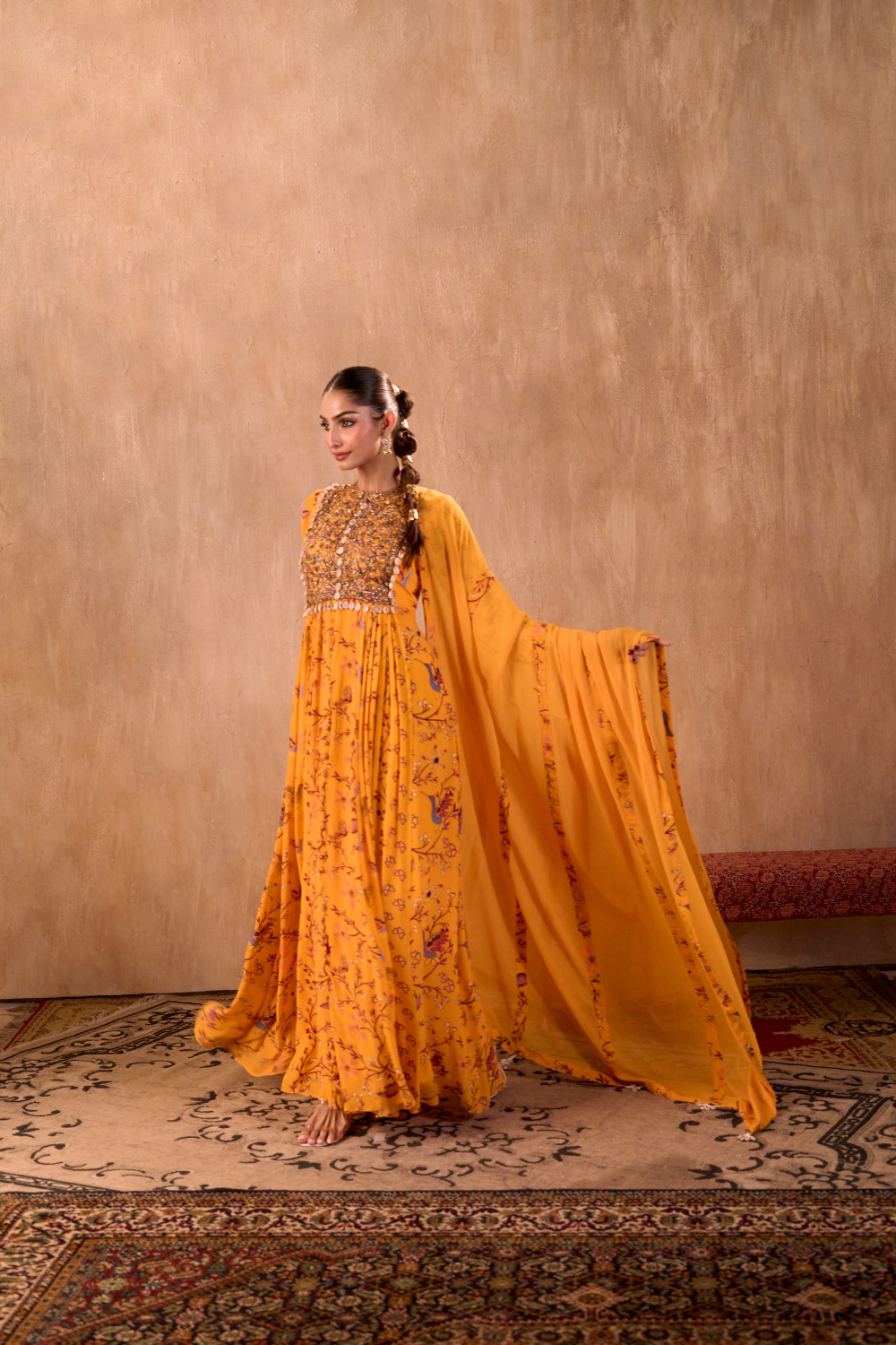 YELLOW PRINT EMBROIDERED ANARKALI AND DUPATTA SET