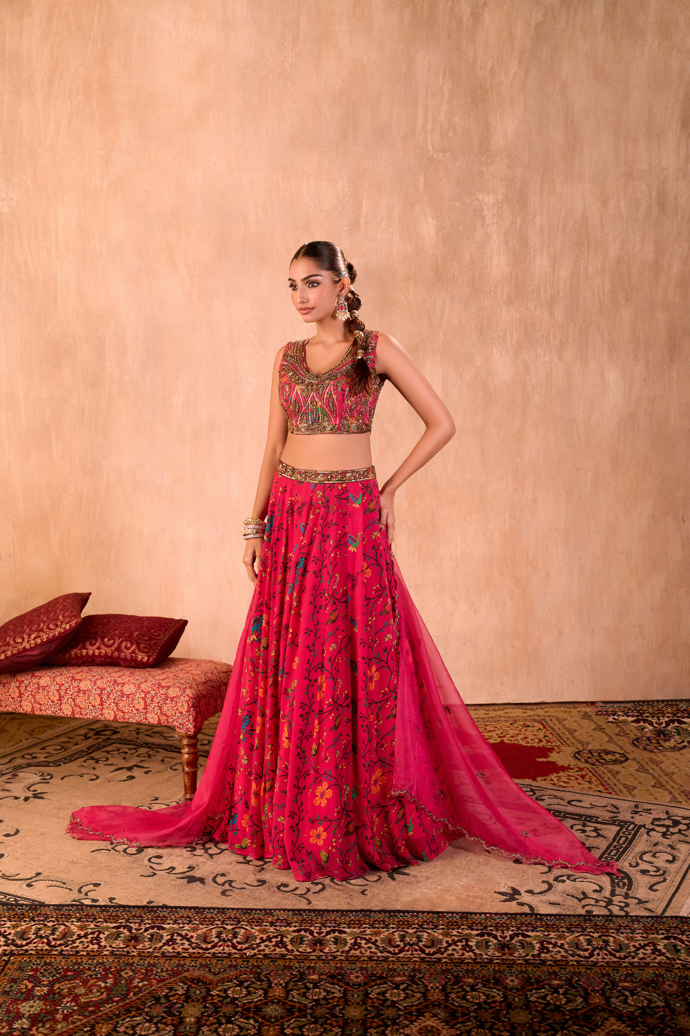 PINK PRINT EMBROIDERED CHOLI, LEHENGA AND DUPATTA SET