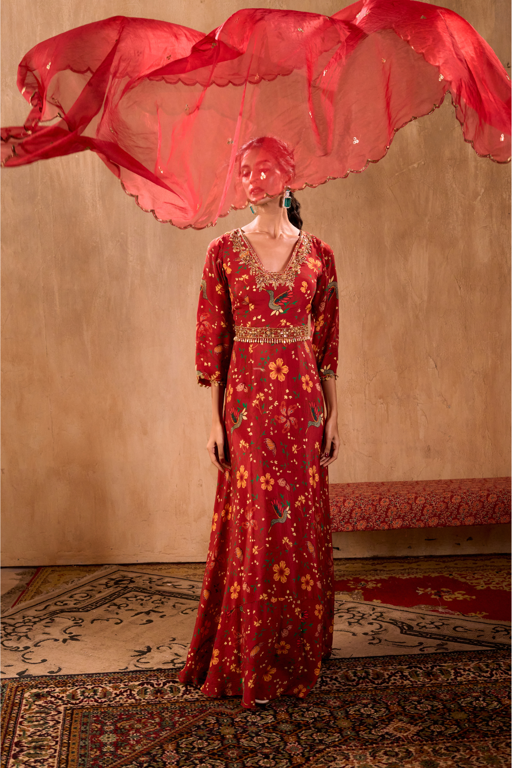 RED PRINT EMBROIDERED ANARKALI WITH DUPATTA AND BELT SET