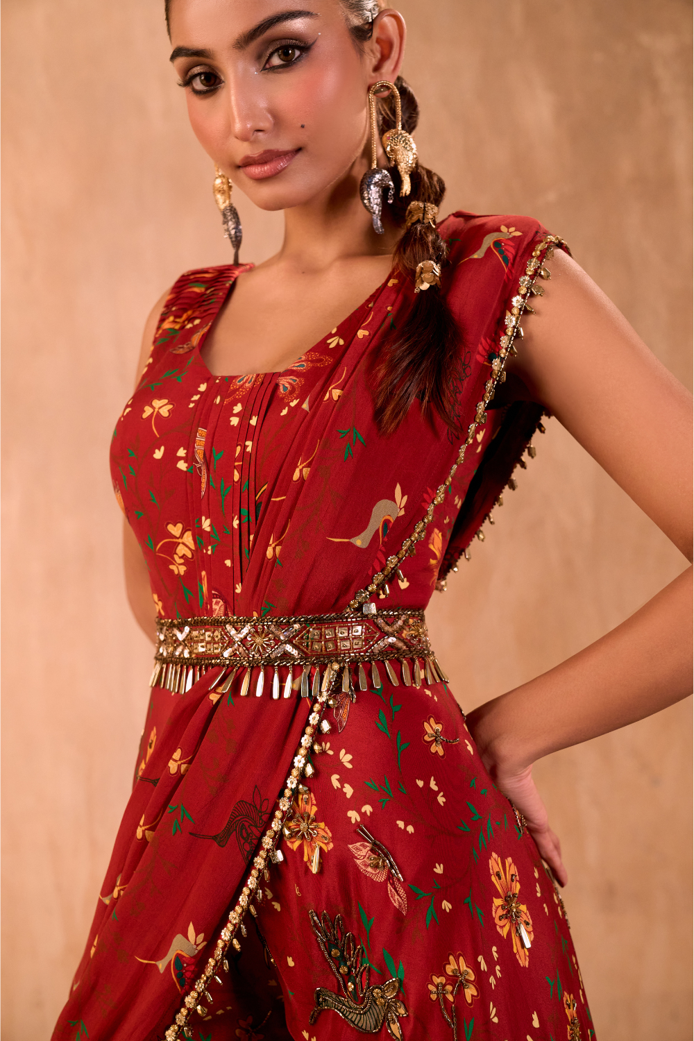 RED PRINT EMBROIDERED JUMPSUIT WITH DRAPE AND BELT SET