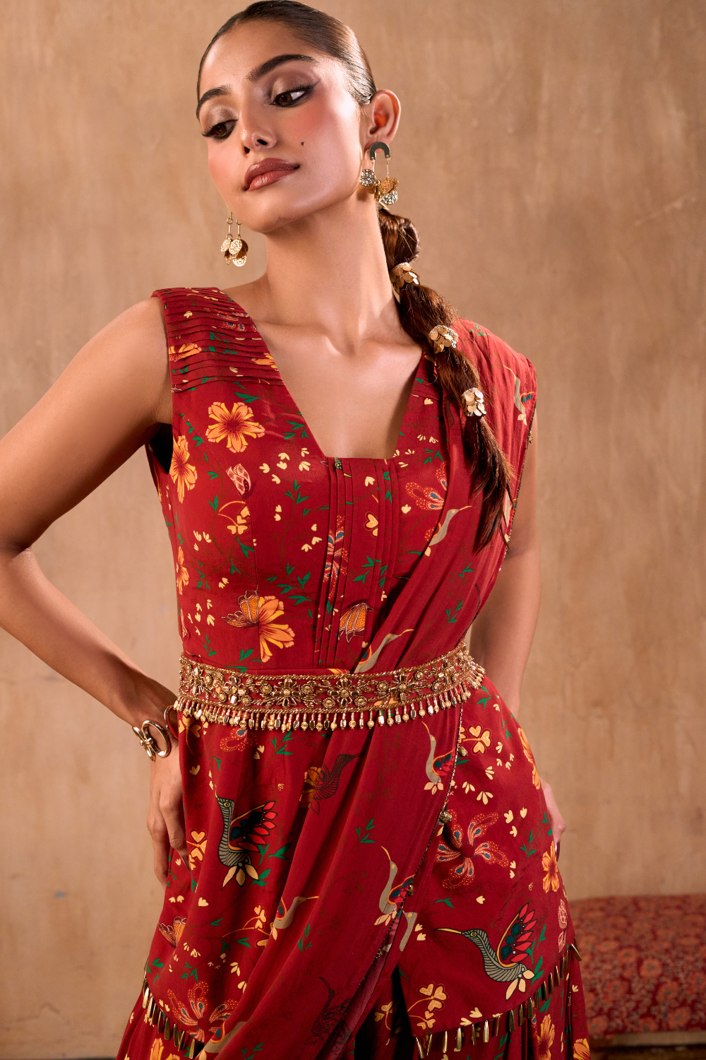 RED PRINT EMBROIDERED PEPLUM TOP, DRAPED PANTS, DRAPE AND BELT SET