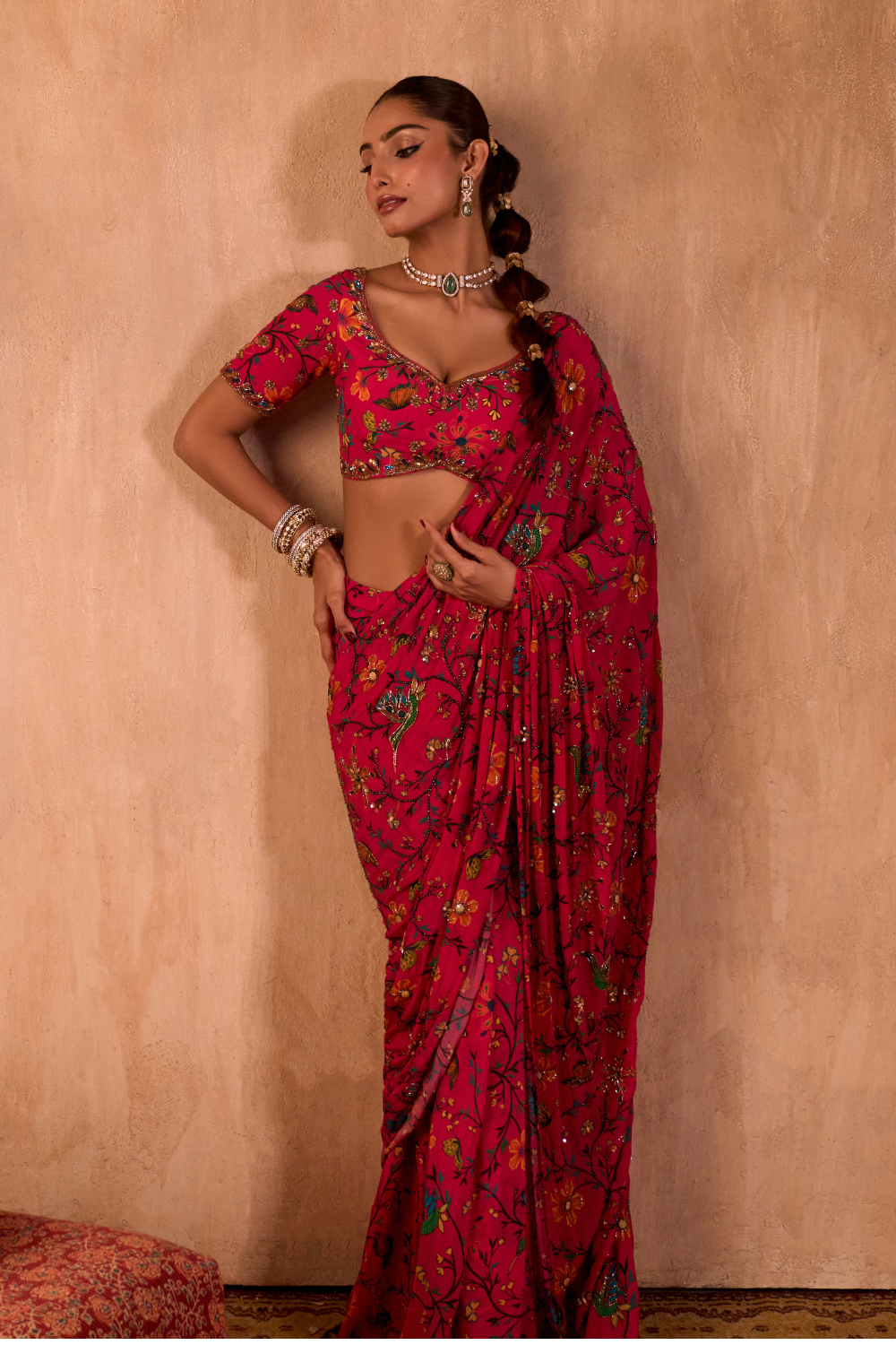 PINK PRINT CHOLI WITH EMBROIDERED SARI SET