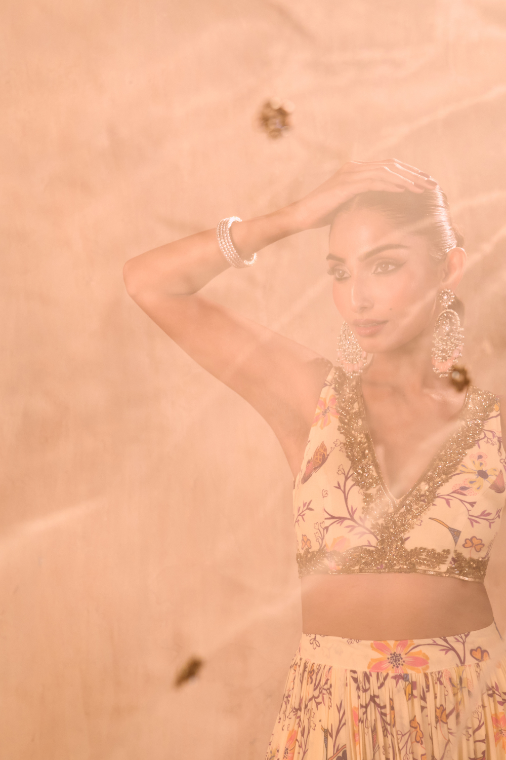 IVORY PRINT EMBROIDERED CHOLI, LAYERED LEHENGA AND DUPATTA SET