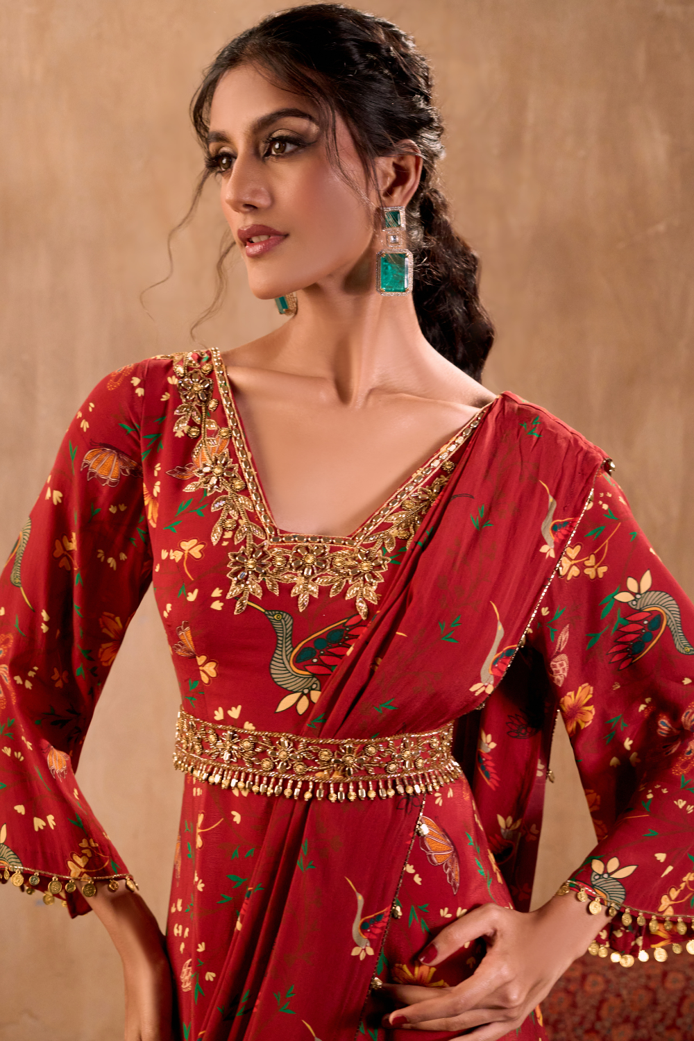 RED PRINT EMBROIDERED ANARKALI WITH DRAPE AND BELT SET