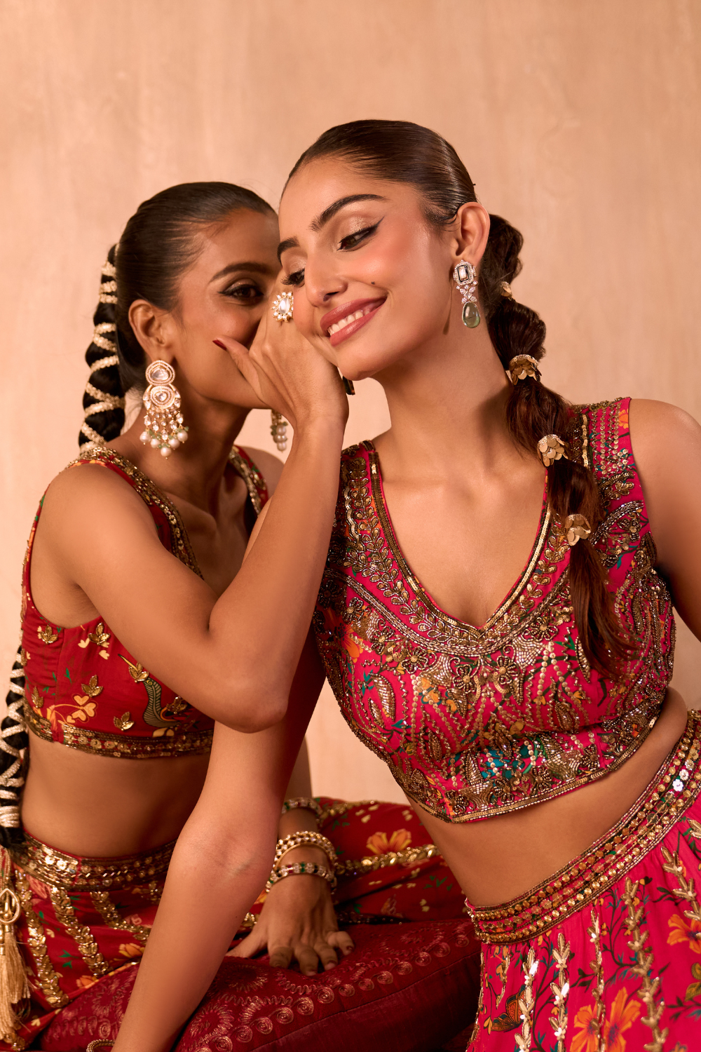 RED PRINT EMBROIDERED CHOLI, LEHENGA AND DUPATTA SET