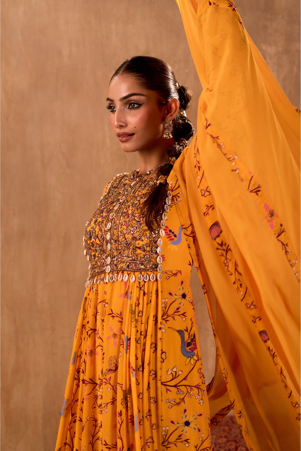 YELLOW PRINT EMBROIDERED ANARKALI AND DUPATTA SET