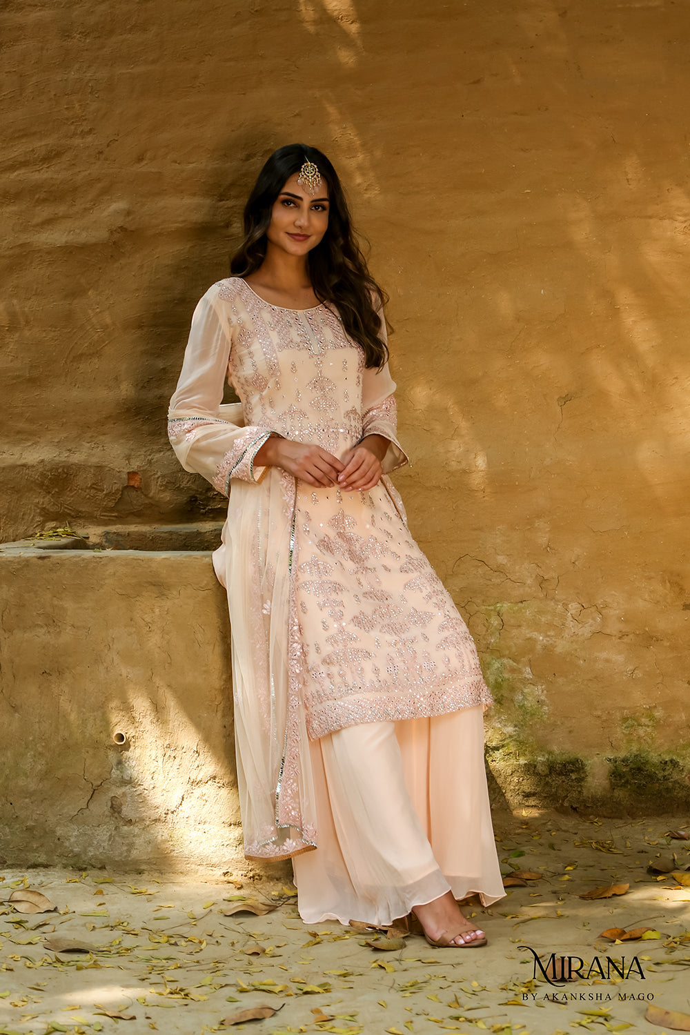 Irana - Peach Embroidered Kurta Sharara Set