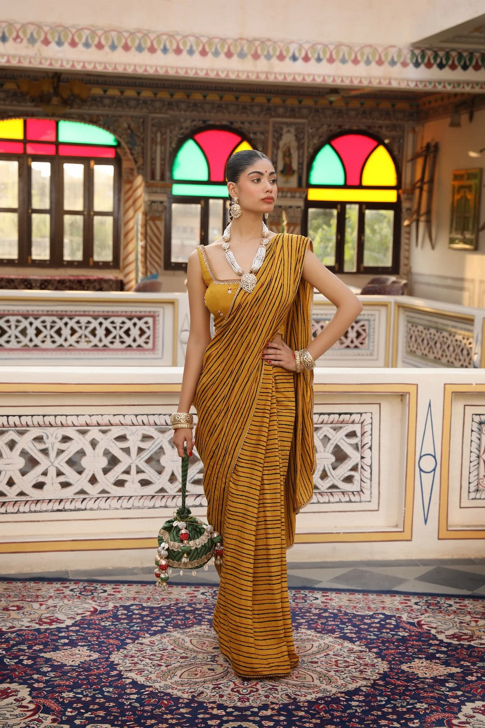 Brick Rust Hand Block Printed Silk Chanderi Saree Set with Embroidered Blouse and Belt