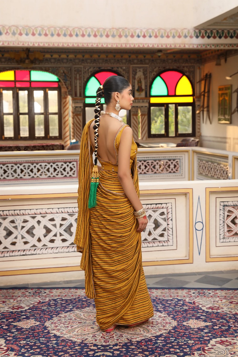 Brick Rust Hand Block Printed Silk Chanderi Saree Set with Embroidered Blouse and Belt