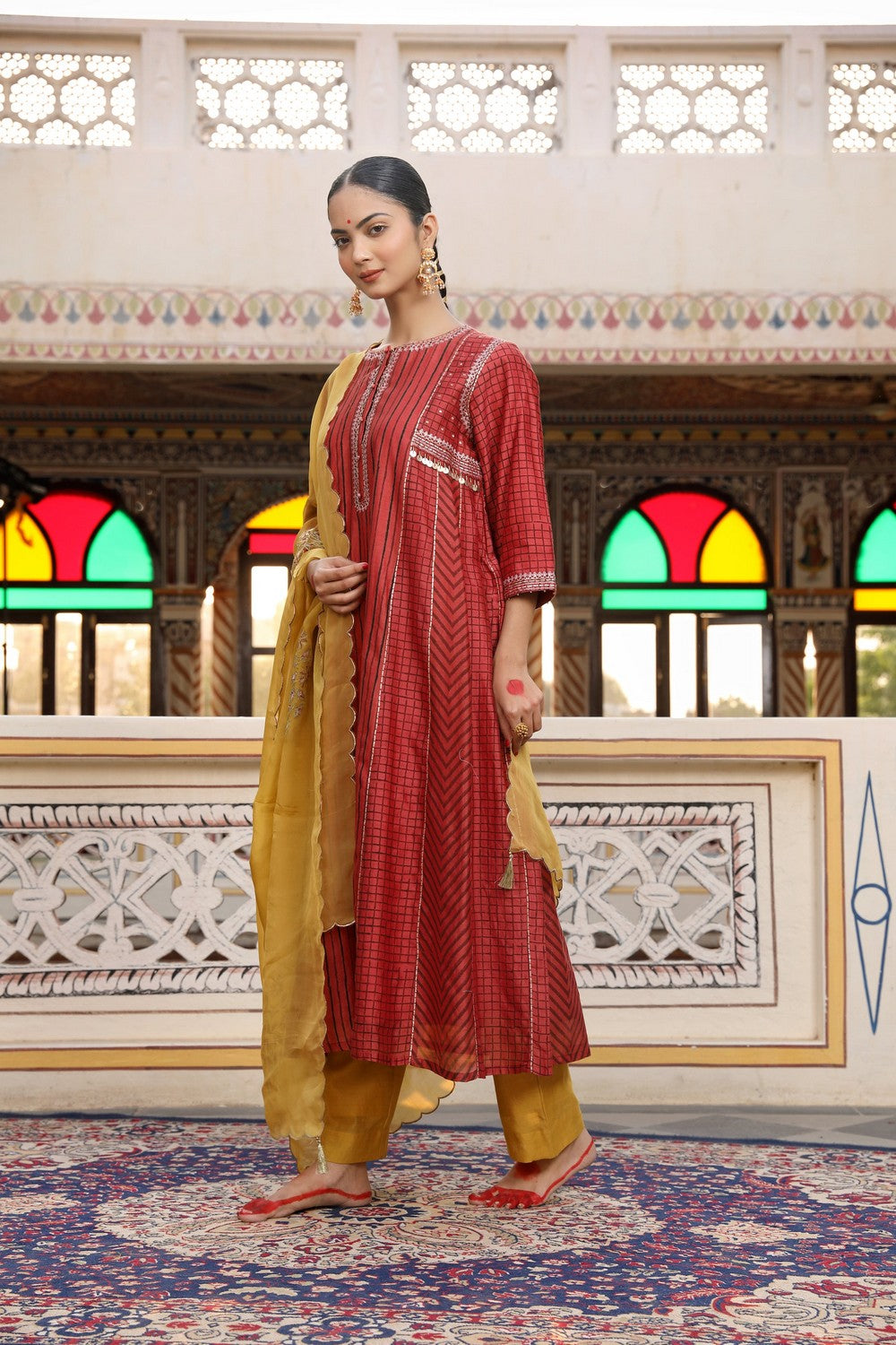 Gold Yellow 3-Piece Suit Set with Hand Block Print and Zardosi Embroidery
