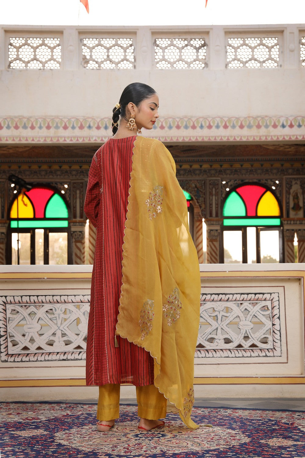 Gold Yellow 3-Piece Suit Set with Hand Block Print and Zardosi Embroidery