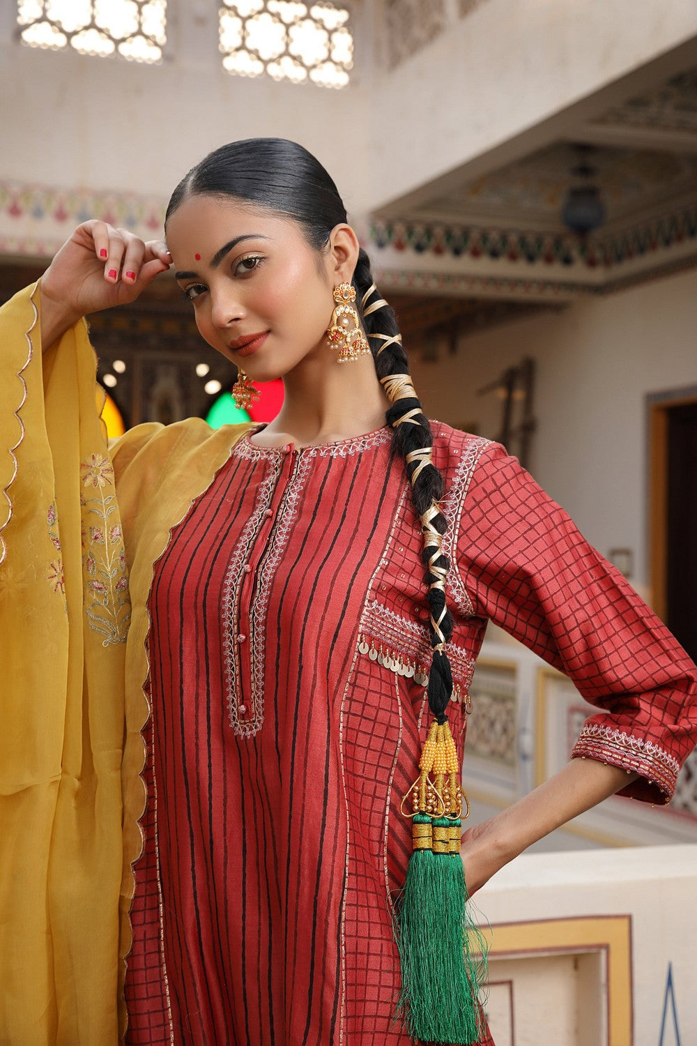 Gold Yellow 3-Piece Suit Set with Hand Block Print and Zardosi Embroidery