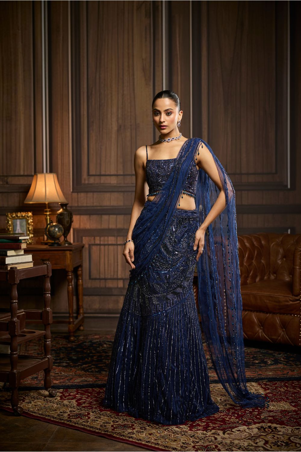 MIDNIGHT BLUE EMBELLISHED PRE-DRAPEDSKIRT SAREE SET