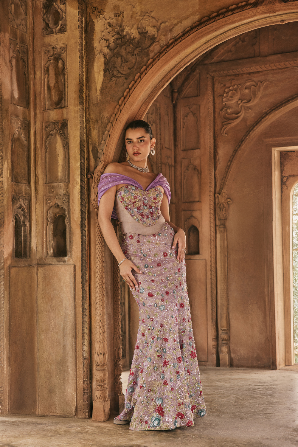 Multi-coloured, mauve, resham embroidery, sequins, tissue, gown