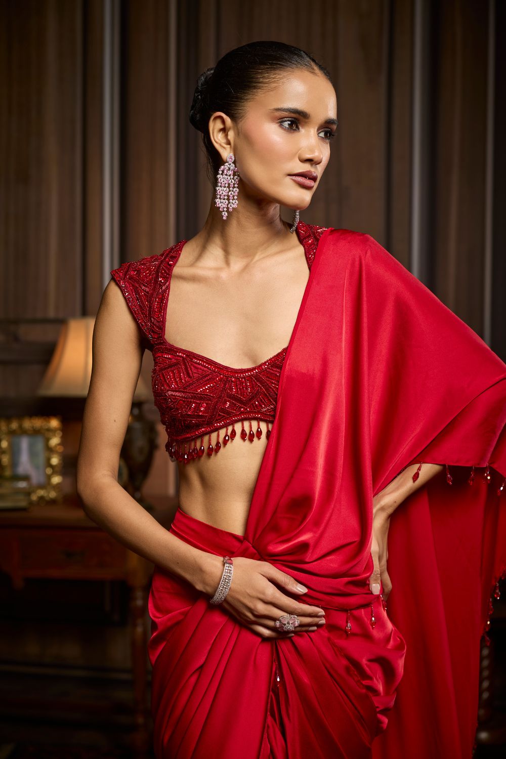 RED EMBELLISHED BLOUSE AND PRE-DRAPED DHOTI SAREE SET