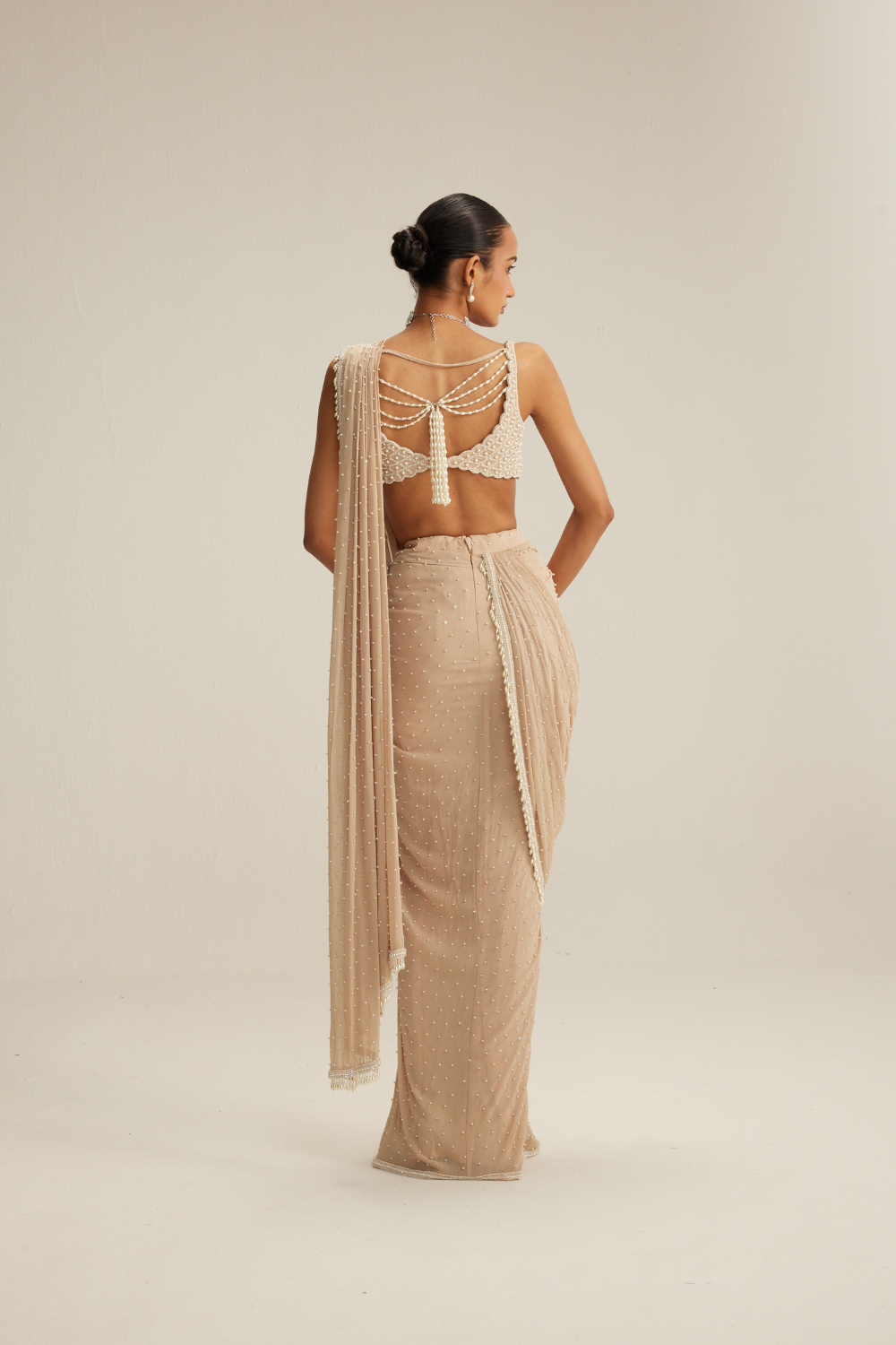 Light Beige Scattered Pearls draped saree set