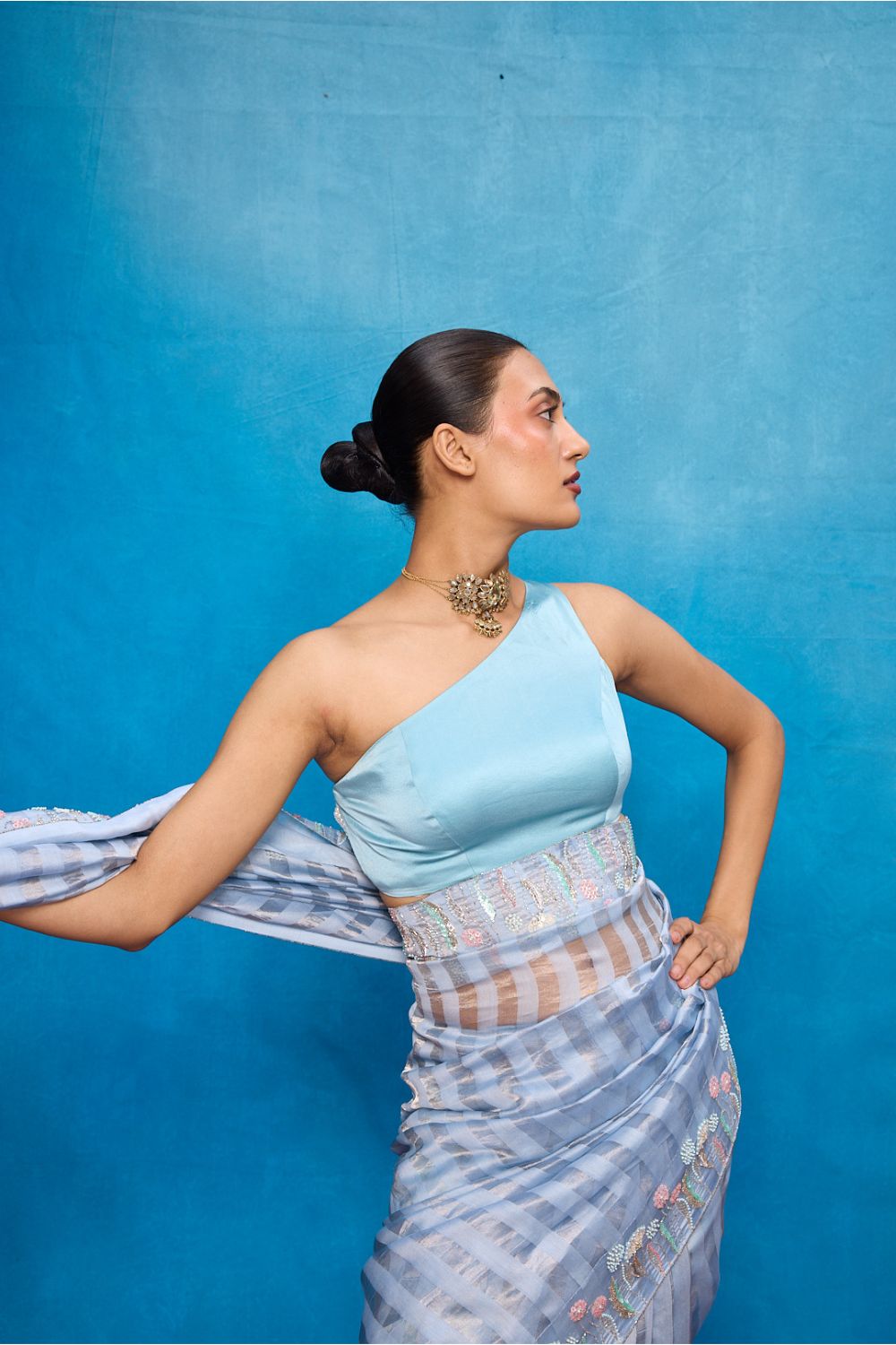 Handwoven Ice Blue Tissue Embroidered Saree