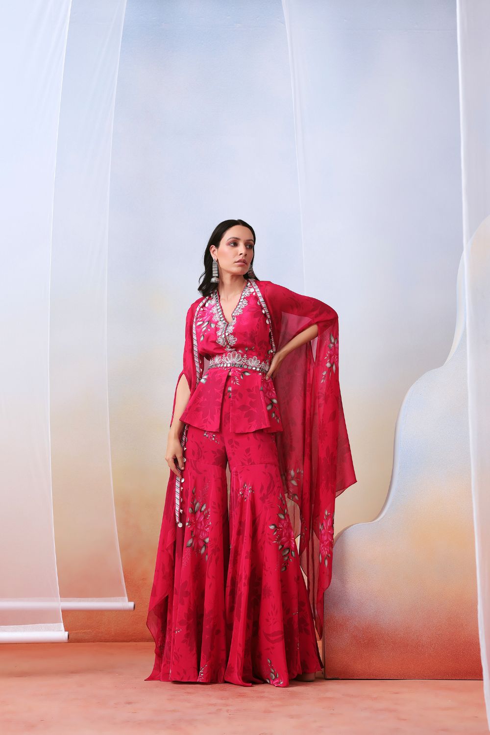 Pink Printed And Embroidered Sharara Set With Cape