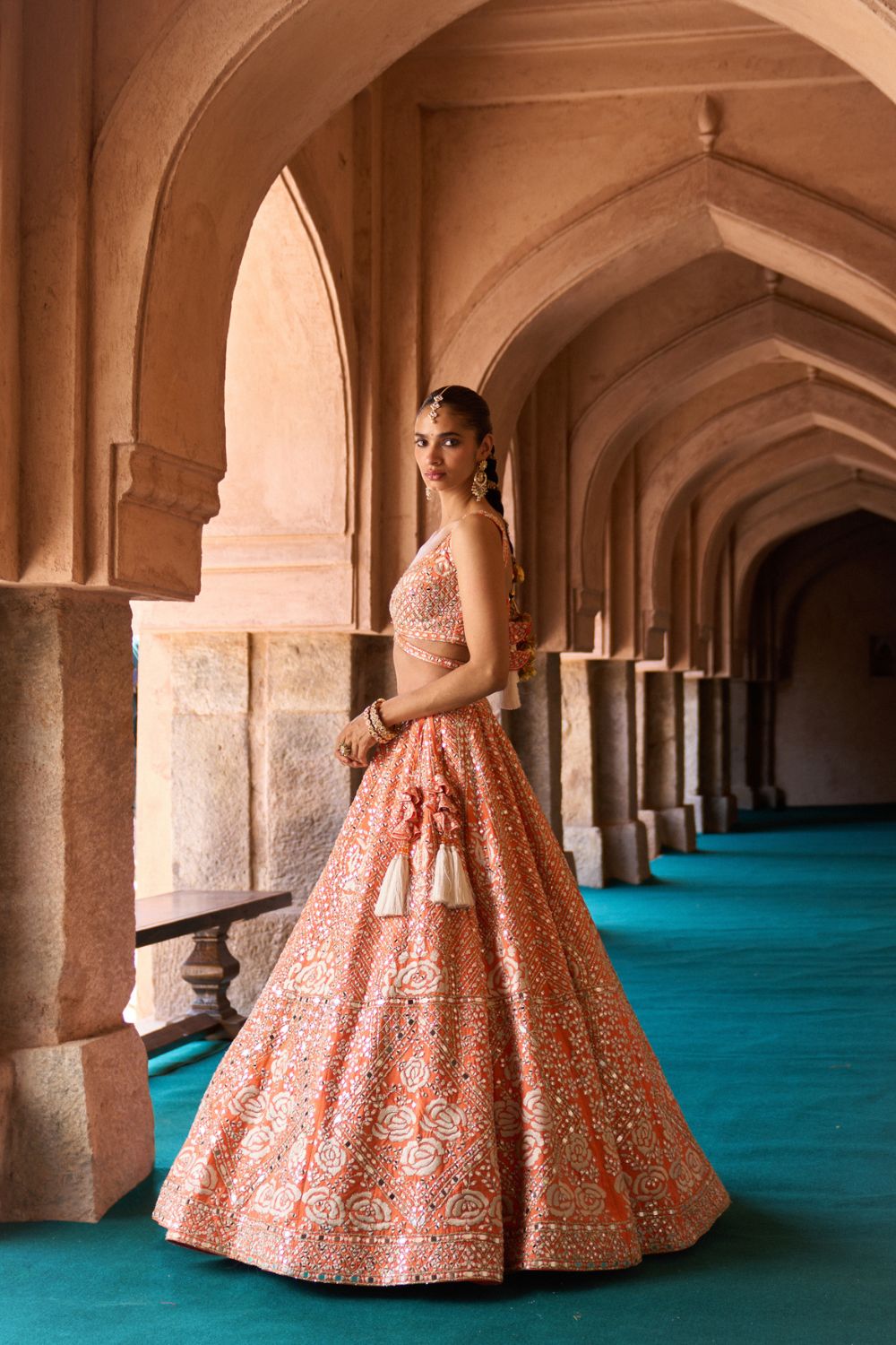 SURAJ — Orange Raw Silk Lehenga Set