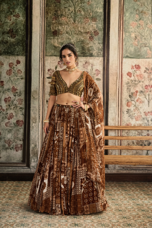 CARAMEL METALLIC EMBROIDERED BLOUSE AND CARAMEL PRINTED LEHENGA SET