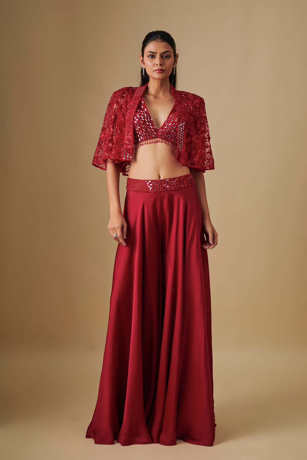Shelly-Red sharara Mirror Blouse with Cape
