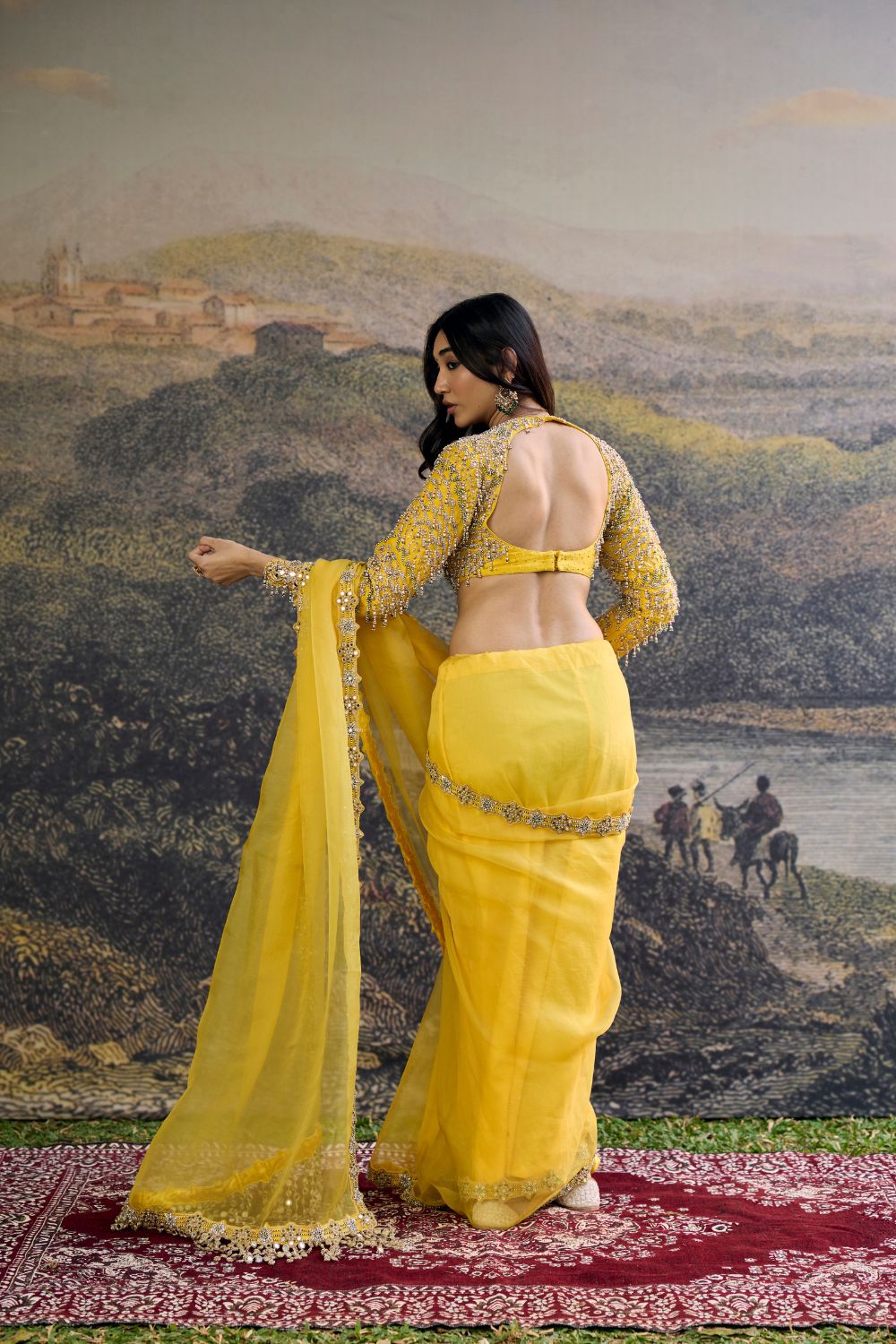 Peela Tara Organza Saree Set