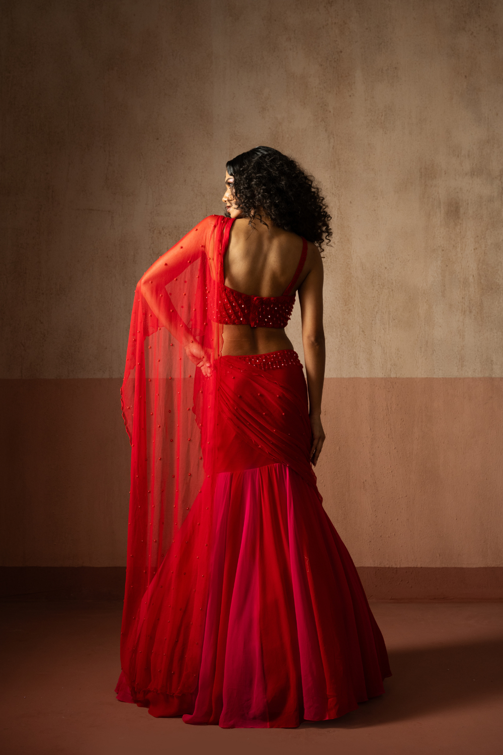 Fishtail style , red & fuschia pink coloured, hand embroidered , net &georgette fishtail saree, concept saree
