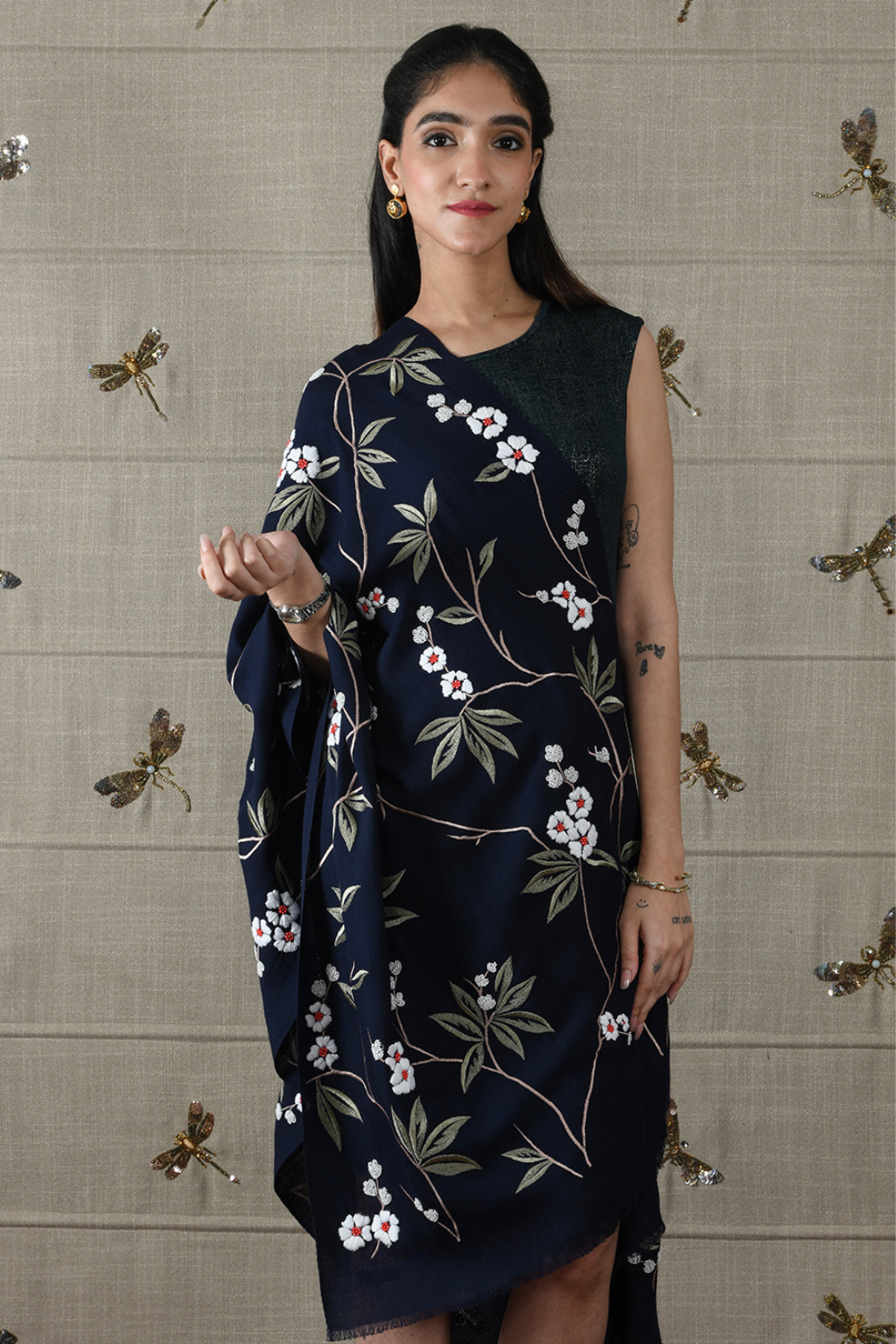 The Sapphire Blossom | Embroidered Fine Wool Silk Stole