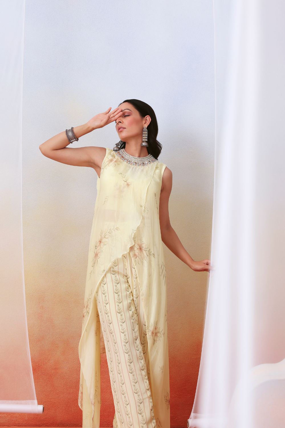 Off White Pant Set With Embellished Drape Tunic