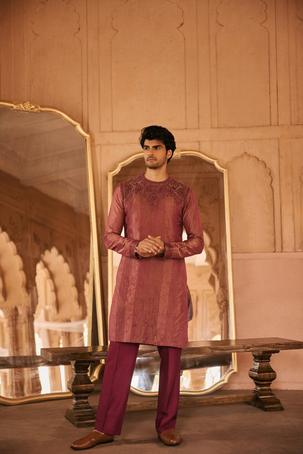 Wine, dori embroidery, tissue, kurta set