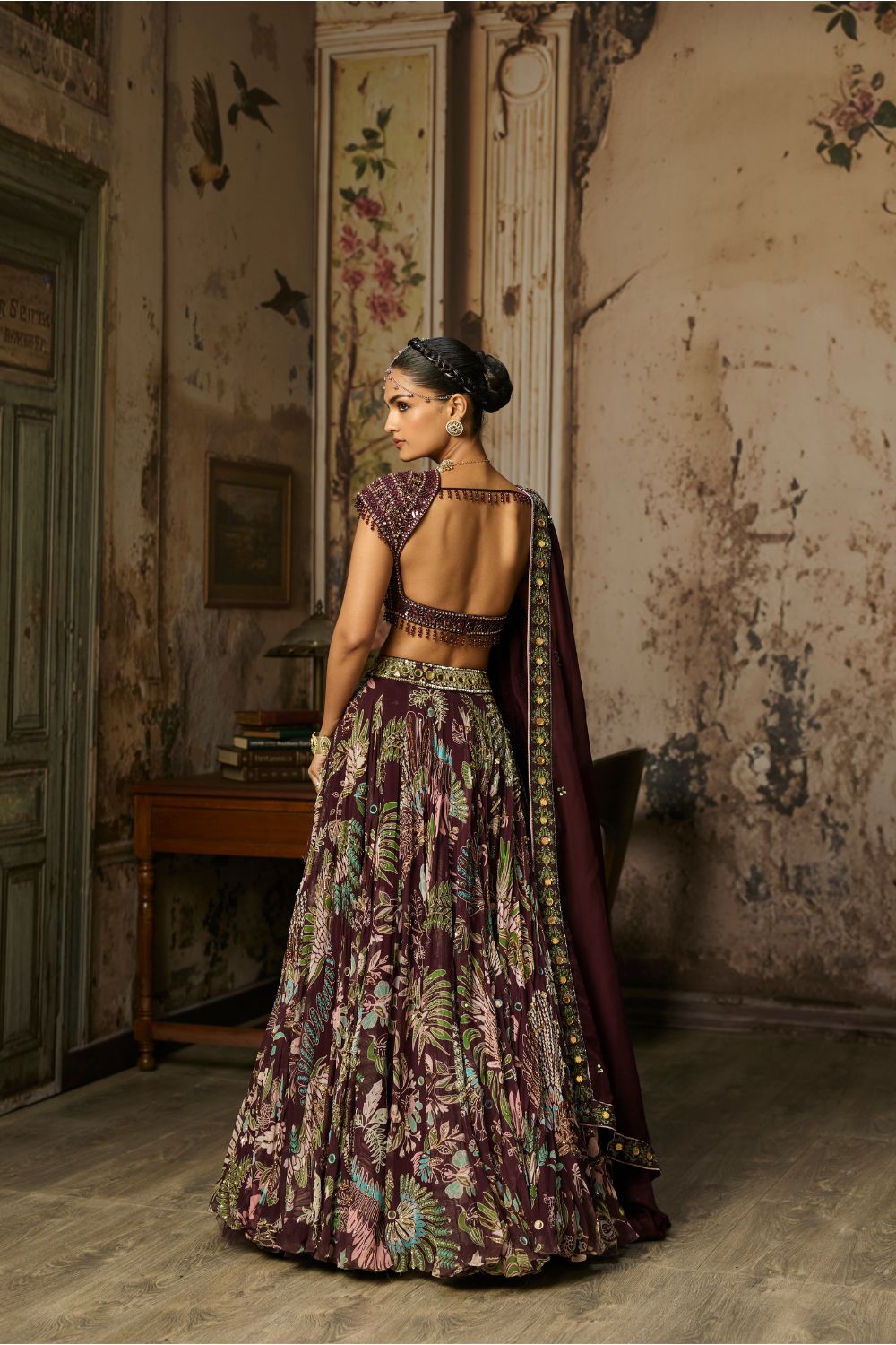 PLUM EMBROIDERED BLOUSE WITH PRINTED LEHENGA SET