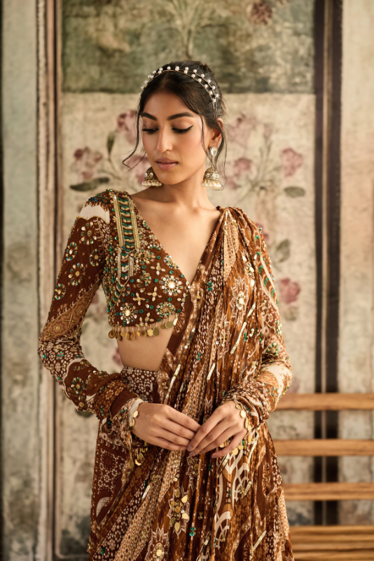 CARAMEL PRINT AND HIGHLIGHTED PLUNGE NECK BLOUSE WITH SHARARA SAREE SET