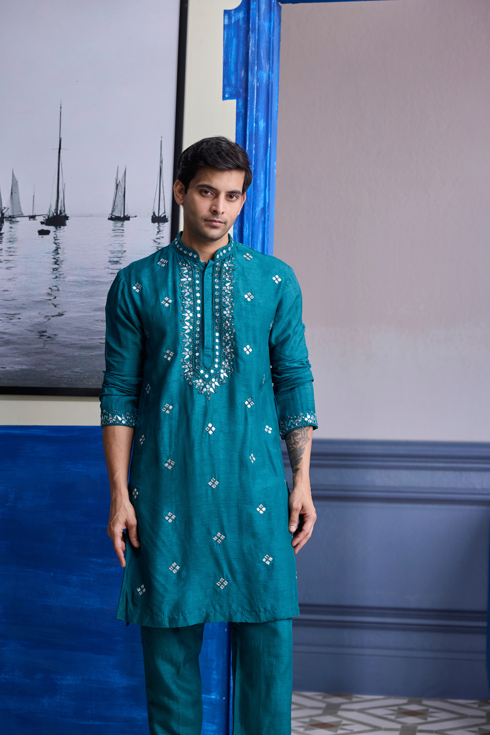TEAL GREEN EMBROIDERED KURTA WITH SOLID PANTS