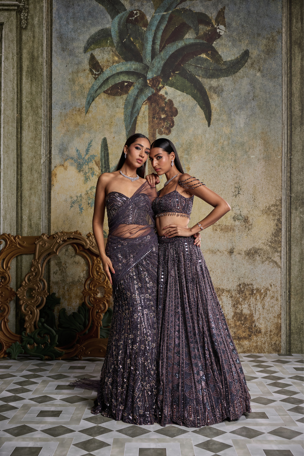 Charcoal Grey Floral Embellished Corset Saree Set