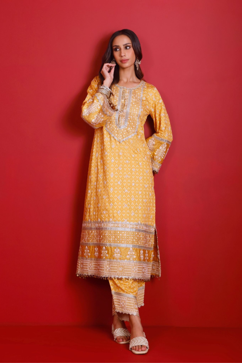 Lari Pima Satin Printed Mustard Kurta Set