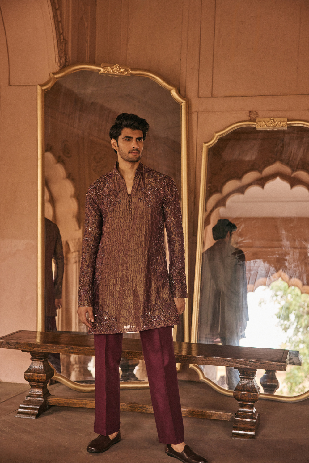Purple, dori embroidery, tissue, kurta set