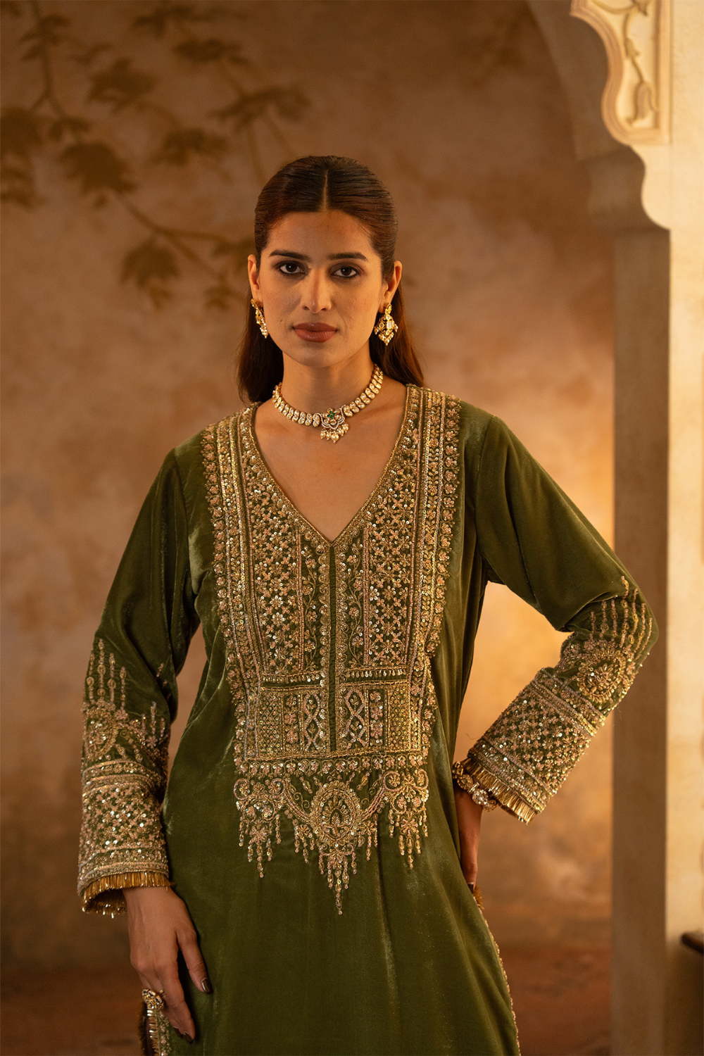 Olive Green Velvet Suit Set